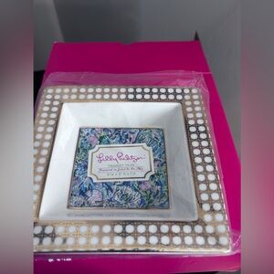 Lilly Pulitzer Square Trinket Tray with Gold and Blue Design